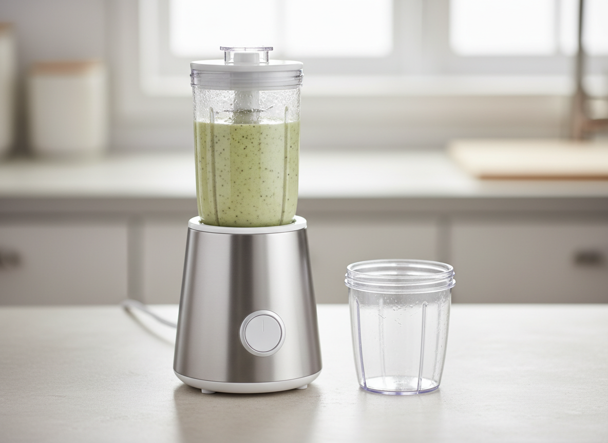 A generic personal blender with a drinking cup attached to the motor base and a spare cup standing beside it
