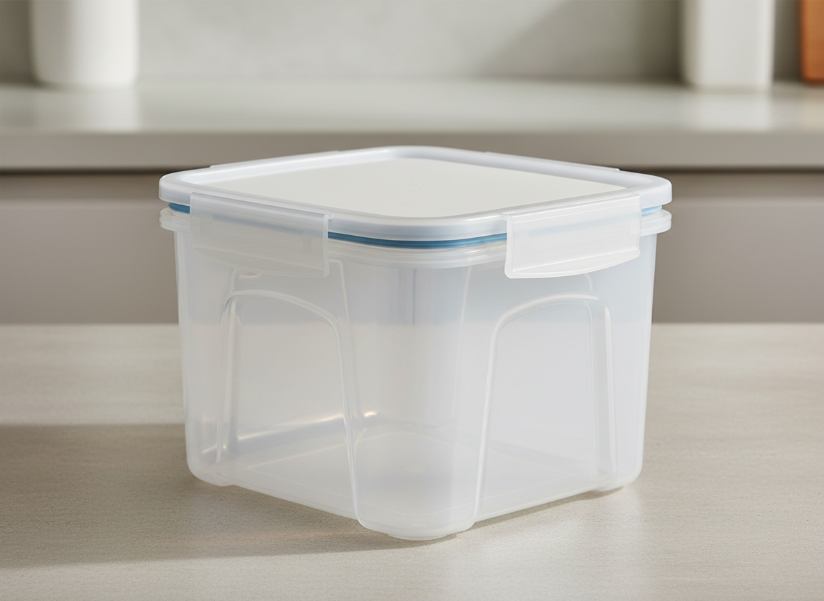 A large stackable plastic food storage container with clip-down lid