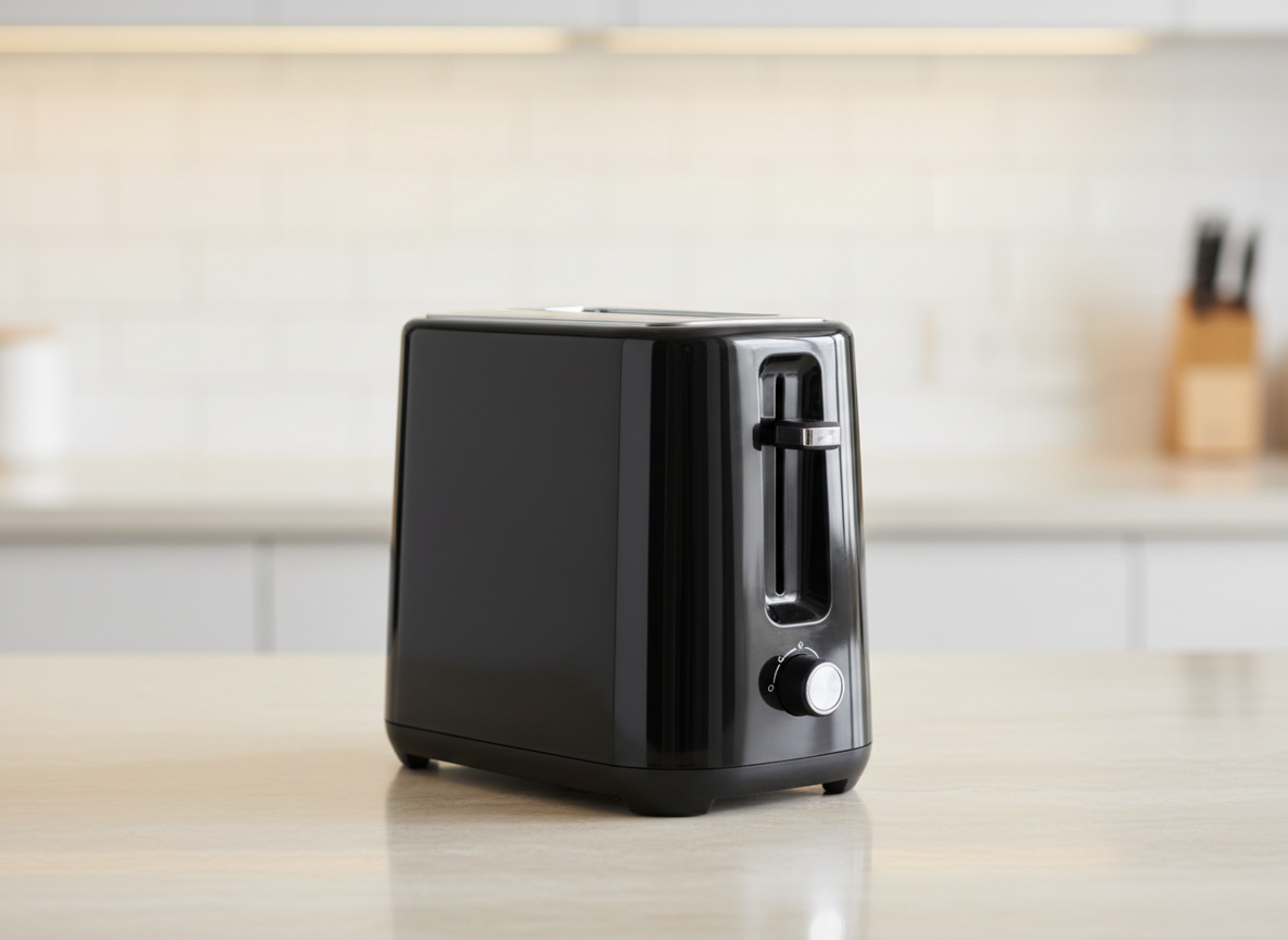 A tall, narrow two slice toaster with a glossy black finish and a lift lever on the side